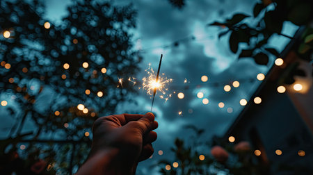 A hand holding a lit sparkler, its fiery sparks lighting up the night sky, casting a soft glow over the surroundings.の素材