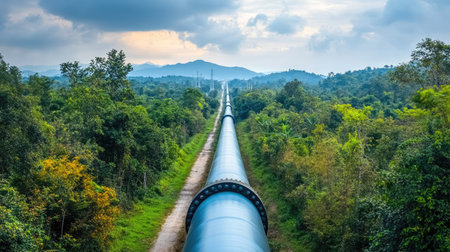 A large gas pipeline stretching through a dense forest, blending industrial infrastructure with the natural landscape under a cloudy sky.の素材