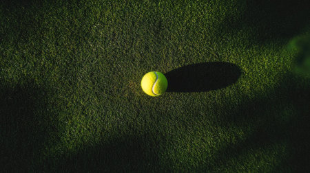A lone tennis ball sitting on a well-maintained grass court, the vivid green of the grass perfectly complementing the yellow of the ball.の素材