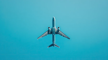 A jetliner soaring through a clear sky, with its engines humming and the vast blue horizon stretching endlessly ahead.の素材