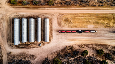 A high-angle view of a silo warehouse with perfectly aligned metal silos, a large open yard, and transport trucks parked nearby.の素材