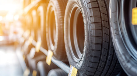 A display of car tires neatly arranged on racks in a large, clean tire shop, with price tags and labels visible for customer shopping.の素材