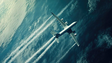 A jetliner flying smoothly across a vivid blue sky, with the sunlight reflecting off its fuselage and thin clouds drifting nearby.の素材