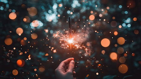 A close-up of a sparkler held by hand, with vivid sparks scattering through the night air, illuminating the darkness with warmth and light.の素材
