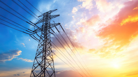 Looking up at the towering silhouette of an electricity pylon against a bright sky, the metal structure contrasting with the soft clouds above.の素材