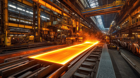 A large metal sheet being cut by a high-powered laser in a factory, with glowing molten edges and sparks lighting up the area.の素材