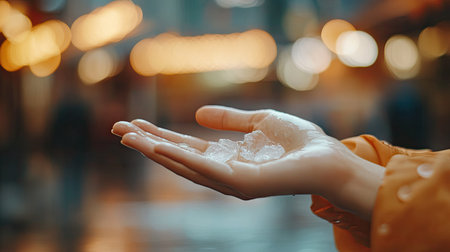 A close-up of a woman rubbing alcohol gel between her palms, showing the importance of hand hygiene, with a blurred background for a focused, clean look.の素材