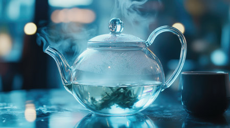 A glass teapot with freshly brewed tea pouring into a clear glass, steam rising, creating a warm and inviting tea break moment.の素材