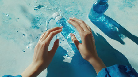 Female hands rubbing alcohol gel with a bottle nearby, set on a clean, bright surface, symbolizing personal care and hygiene.の素材