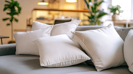 A casual pile of white pillows on a plush sofa, with a modern coffee table and decor in the background, showcasing a stylish and comfortable living space.の素材