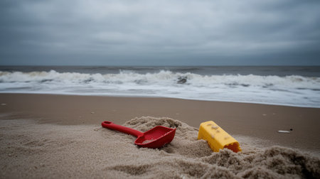 A close-up of a red shovel and a yellow sandcastle mold lying on beach sand, with the ocean horizon and soft waves in the background.の素材