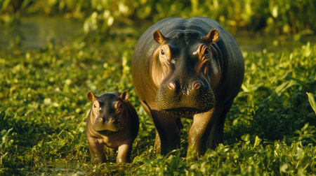 A pygmy hippopotamus calf standing beside its mother, both grazing on fresh green grass, showcasing the bond between parent and offspring.の素材