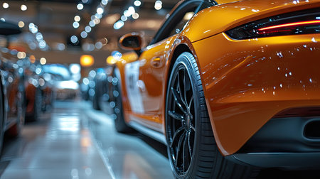 A row of car tires displayed in an automotive retail store, with clear price tags and brand labels, illuminated by bright showroom lighting.の素材