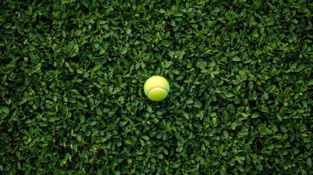 A single tennis ball on grass, captured from a high angle, with the clean, green surface of the grass providing a smooth, uniform background.の素材