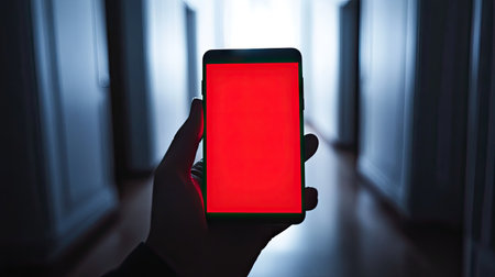 A person receiving an emergency alert notification on their smartphone, with the bold red screen clearly visible against a dimly lit room.の素材