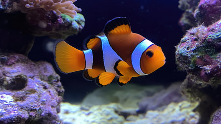A pair of bright orange clownfish swimming side by side through colorful coral, their fins glistening under the soft ocean sunlight.の素材
