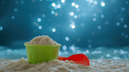 A vibrant green toy bucket filled with beach sand, with a red plastic shovel leaning against it, set against a backdrop of sparkling blue water.の素材