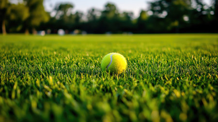 A tennis ball sitting on a grassy field, captured at a low angle to emphasize the vibrant green grass and the ball's bright, bold yellow color.の素材