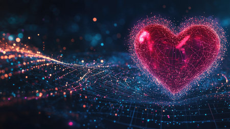 A stylized red heart with a heartbeat wave on a dark grid background, evoking feelings of care, love, and health.の素材