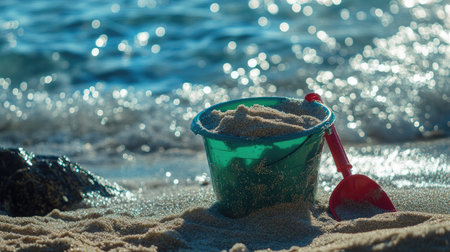A vibrant green toy bucket filled with beach sand, with a red plastic shovel leaning against it, set against a backdrop of sparkling blue water.の素材