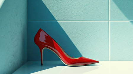 Red high heels with sharp pointed toes, standing on a white surface, perfect for bold fashion statements and modern style.の素材