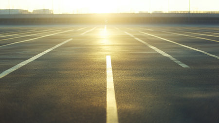 An empty asphalt parking lot with evenly spaced parking space lines, illuminated by bright sunlight and casting shadows across the surface.の素材