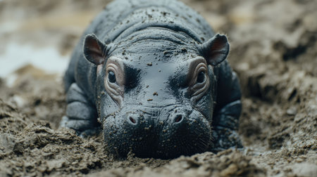 Close-up of a baby pygmy hippopotamus with wrinkled skin, standing on soft dirt, showcasing its adorable and rare appearance.の素材