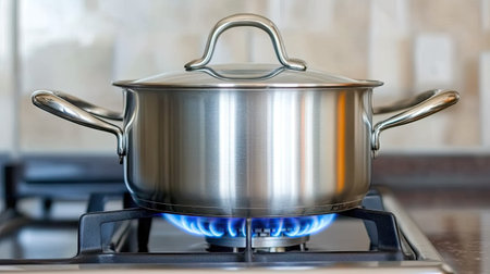 Close-up of a gas burner with a pot resting on it, showing blue flames and the sleek metallic design of a modern gas cooker.の素材