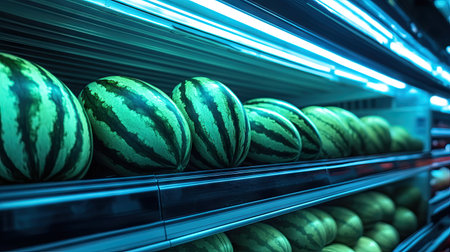 Close-up of large, ripe watermelons stacked on a supermarket shelf, highlighting their smooth green rinds and stripes under bright store lighting.の素材