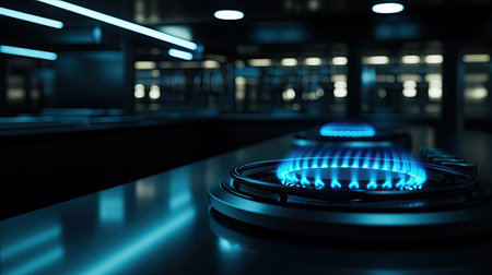 Close-up of a gas burner with blue flames on a modern cooker, set against a backdrop of a sleek, contemporary kitchen with dark countertops.の素材