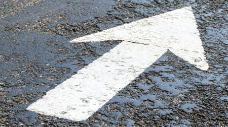 Close-up of white parking space markings on a dark asphalt surface, with no cars in sight and a bright, sunny day overhead.の素材