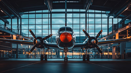 Close-up of a modern airplane seen through the glass, framed by sleek terminal architecture and warm sunset light.の素材