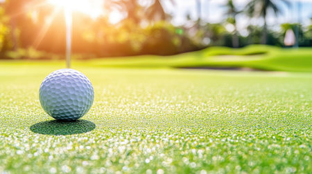 A close-up of a golf ball sitting beside the hole, with sunlight glinting off the ball and a perfectly mowed green beneath.の素材