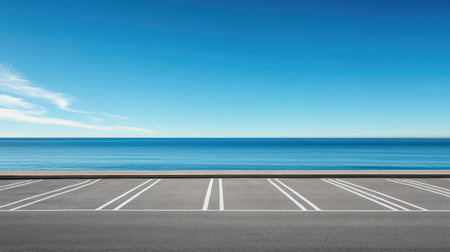 Freshly paved asphalt parking lot with bright white lines marking the parking spaces, standing empty under the blue sky, ready for cars to fill the spaces.の素材
