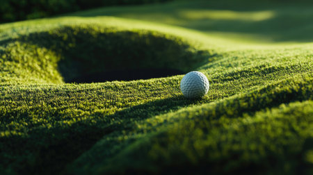 Crisp close-up of a golf ball at rest right on the lip of the hole, with shadows stretching across the smooth green.の素材