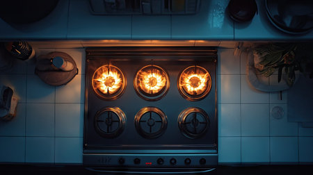 Overhead view of a modern gas cooker with four lit burners, surrounded by clean white countertops and stainless steel appliances in a contemporary kitchen.の素材