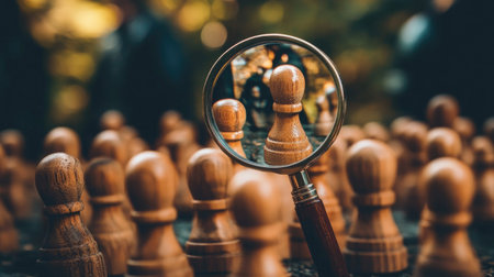 Magnifying glass in focus, with one wooden figure magnified and others in soft focus, symbolizing leadership or individuality.の素材