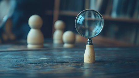 Small wooden figure standing under a magnifying glass with others in the background, symbolizing focus or selection.の素材
