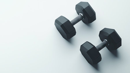 Pair of hexagonal black dumbbells, isolated on a white background, placed side by side to emphasize their sturdy construction and sharp edges.の素材