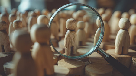 Wooden figures under a magnifying glass, highlighting one central figure while others remain blurry in the background.の素材