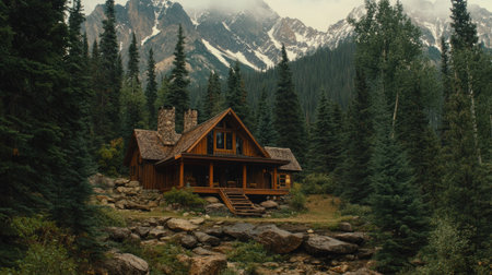 A cozy mountain lodge on a rocky hillside, enveloped in thick forest, with towering snow-covered peaks beyond.の素材