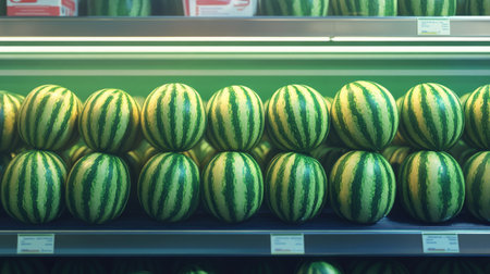 Piles of ripe watermelons on a supermarket shelf, with their round, green shapes and striped rinds standing out in the bright store environment.の素材