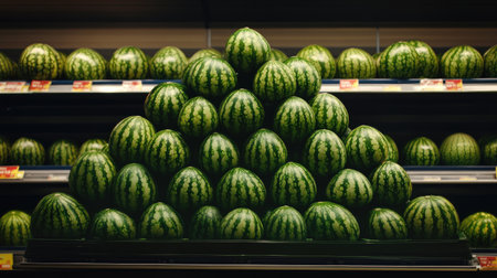 Watermelons arranged in a pyramid display on a supermarket shelf, their vibrant green and striped rinds glowing under bright lighting.の素材