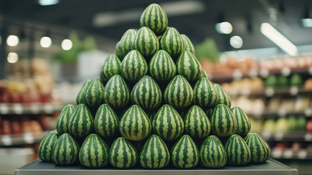 Watermelons stacked in a neat pyramid on a supermarket shelf, with the vibrant green and striped rinds creating an eye-catching display.の素材