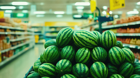 Watermelons piled up in a colorful supermarket display, their bright green rinds contrasting with the clean and organized store environment.の素材