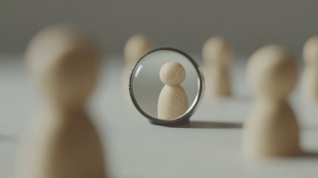 One wooden figure magnified by a glass lens, the others surrounding it out of focus on a clean white surface.の素材