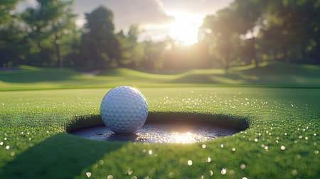 Golf ball teetering at the rim of the hole on a sun-drenched green, with the ball's surface and the hole captured in crisp detail.の素材
