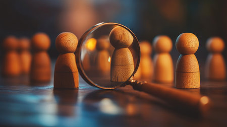 Wooden figures lined up in front of a magnifying glass, one figure prominently magnified while others are blurred.の素材