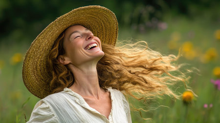 Beautiful woman laughing under a straw hat, standing in a sunlit meadow with her hair flowing freely, capturing the joy of a perfect summer day.の素材