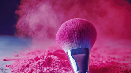 Close-up of makeup brush dusted with swatch powder in vibrant hues, with powder particles softly scattered around on a marble surface.の素材